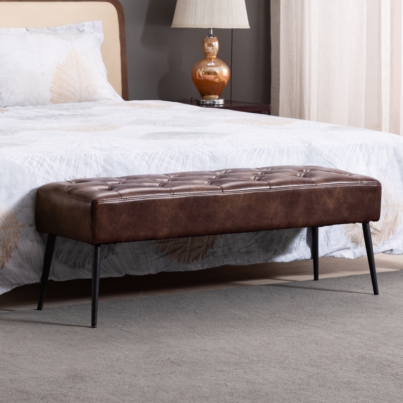 Bedroom Bench Espresso Tufted Slim Metal Tapered Legs Mid-Century