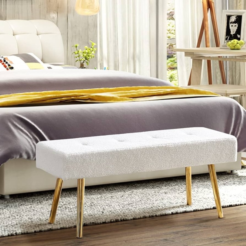 Bedroom Bench, Gold Tapered Legs, Textured Cream Fabric, Glam Style