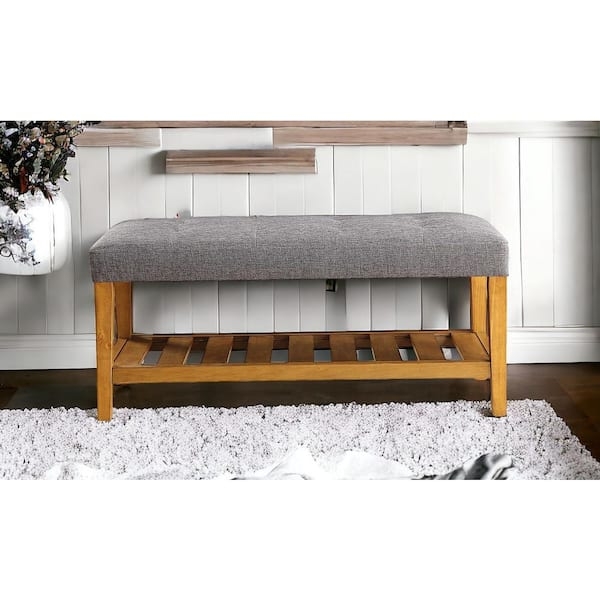 Bedroom Bench Gray Linen Upholstery Slatted Storage Shelf Modern Farmhouse