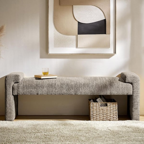 Bedroom Bench Grey Boucle Curved Silhouette Black Tapered Legs