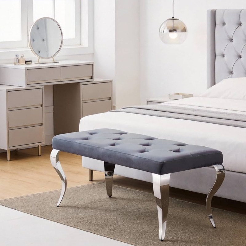 Bedroom Bench Grey Velvet Deep Button Tufted Curved Chrome Legs