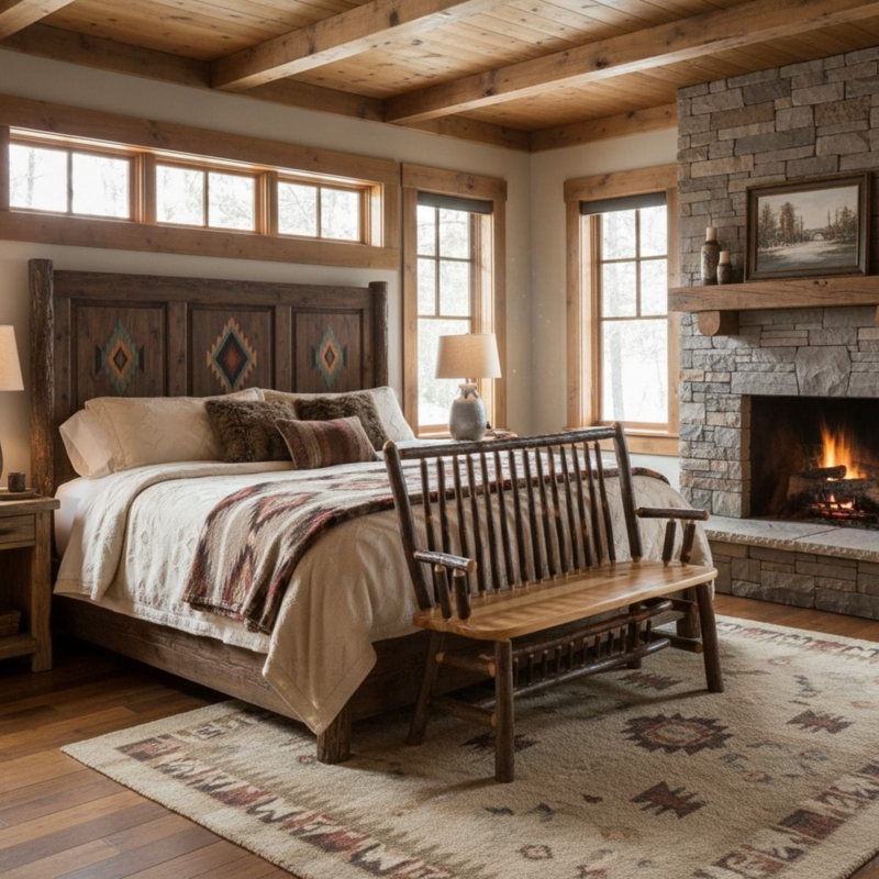 Bedroom Bench Hickory Wood Spindle Back Log Frame Bedroom Decor