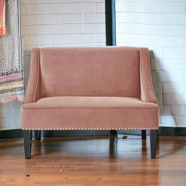Bedroom Bench, High Back with Nailhead Trim and Tapered Legs in Blush