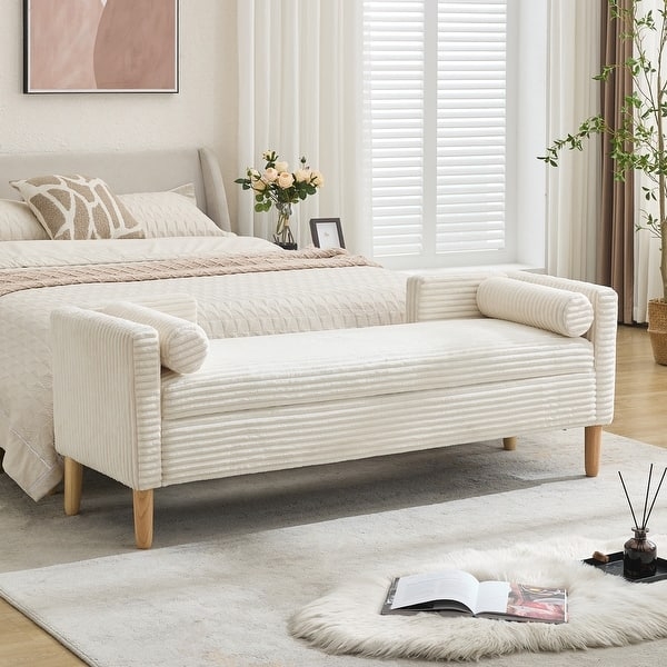 Bedroom Bench in Textured Cream Fabric with Curved Arms and Bolsters