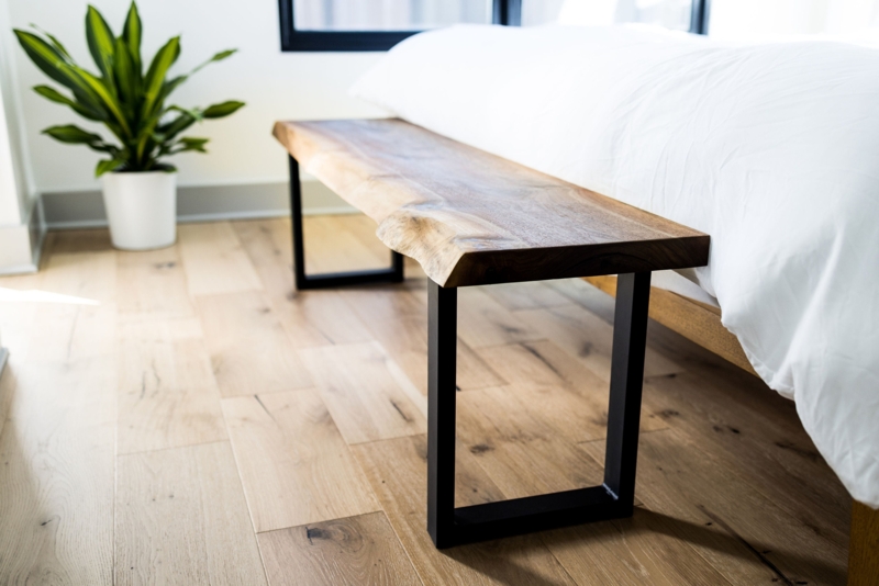 Bedroom Bench Live Edge Wood U-Shaped Metal Legs, Live Edge End of Bed Bench.