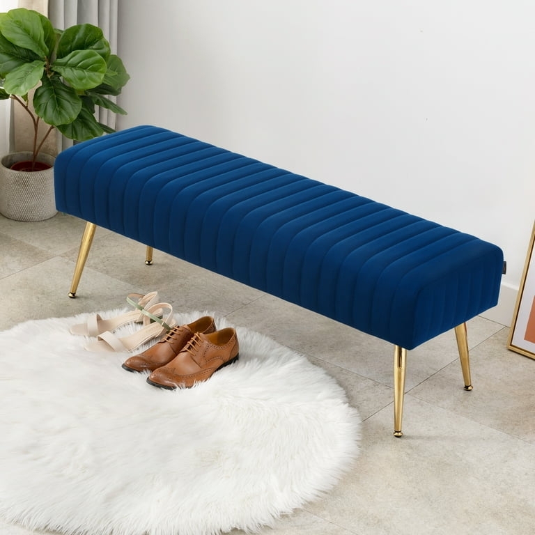 Bedroom Bench Navy Velvet Vertical Channel Tufting Gold Legs Glam Seating