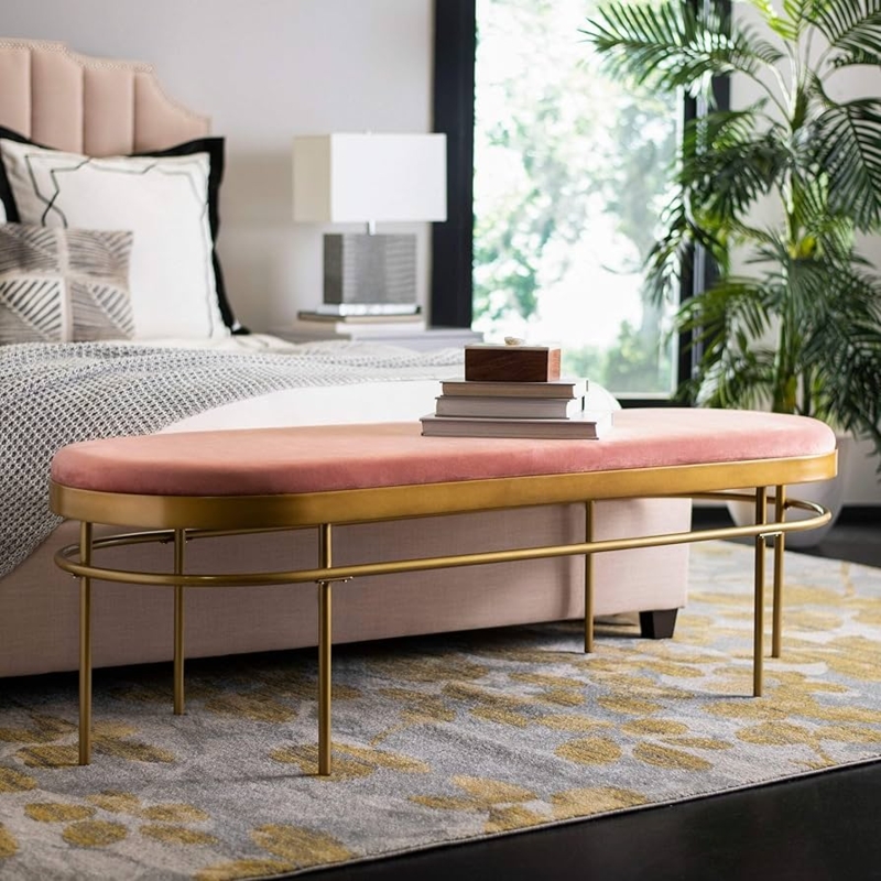 Bedroom Bench Oval Silhouette Dusty Rose Velvet Metal Rail Frame