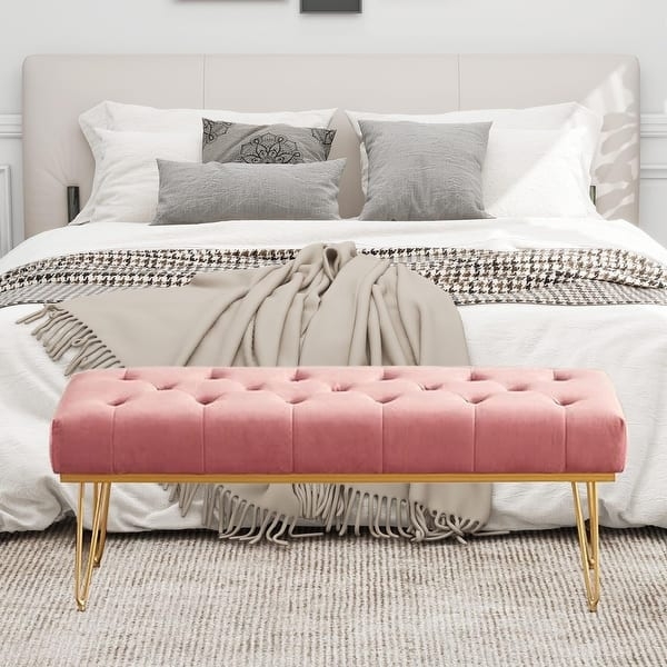 Bedroom Bench Pink Velvet Tufted Gold Legs, Pink Velvet End of Bed Bench.