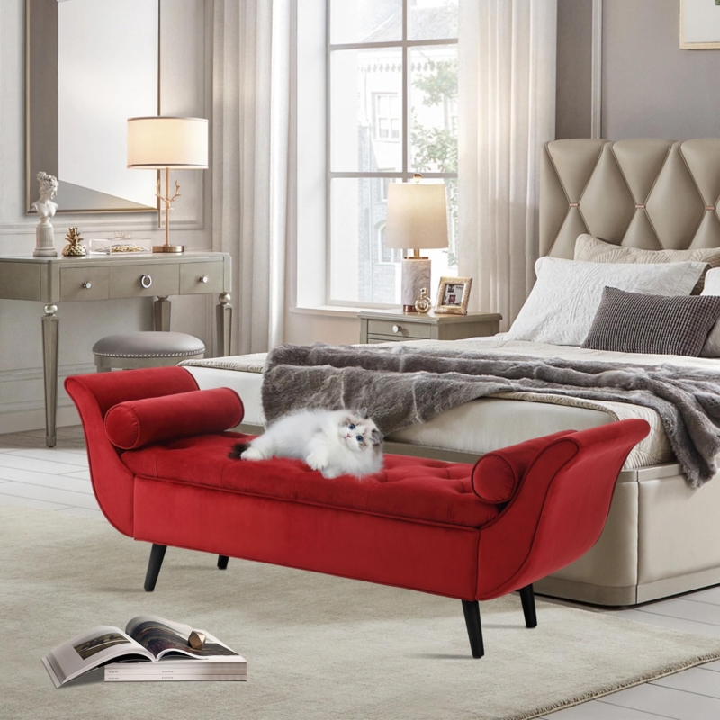 Bedroom Bench Red Velvet Bolster Arms, Red Velvet End of Bed Bench.