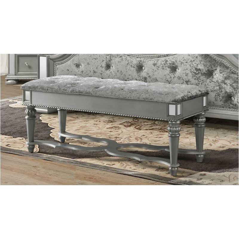 Bedroom Bench Silver Embossed Crocodile Texture Button Tufted Glam