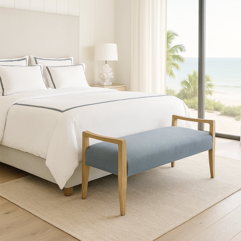Bedroom Bench Sky Blue Wood Frame, Blue Upholstered End of Bed Bench.