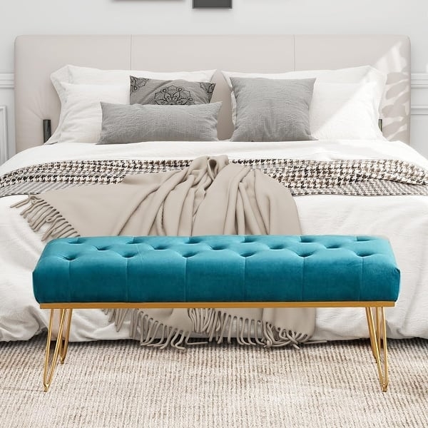 Bedroom Bench Teal Velvet Gold Hairpin Legs, Glam Bedroom Accent Furniture.