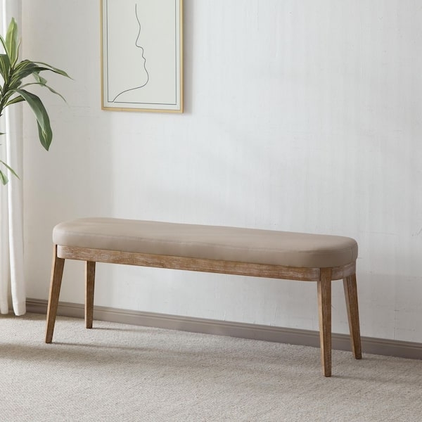 Bedroom Bench with Button-Tufted Seat and Beige Faux Leather