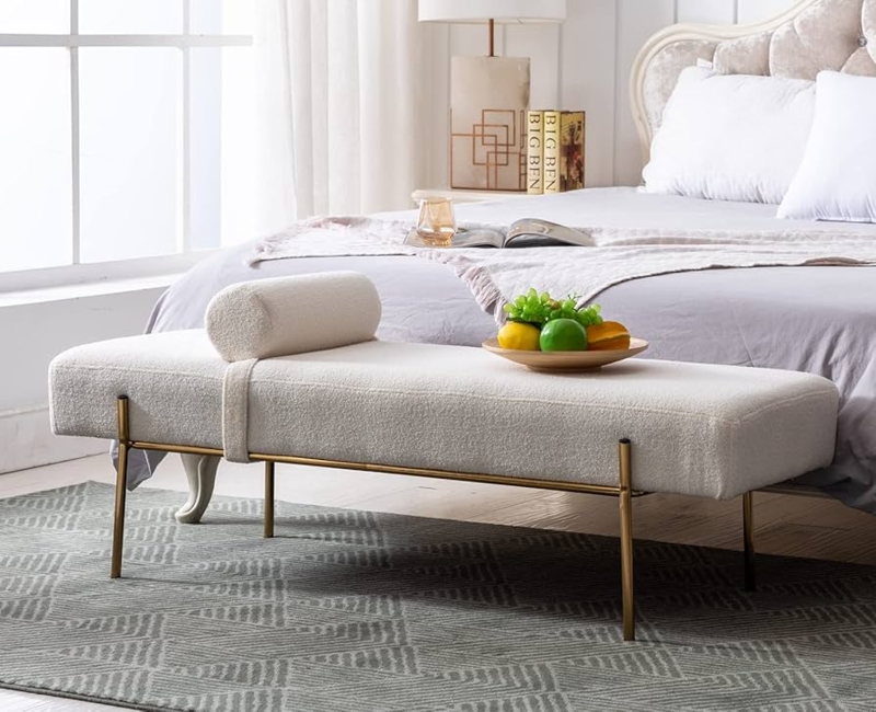 Bedroom Bench with Detachable Bolster Pillow and Boucle Texture