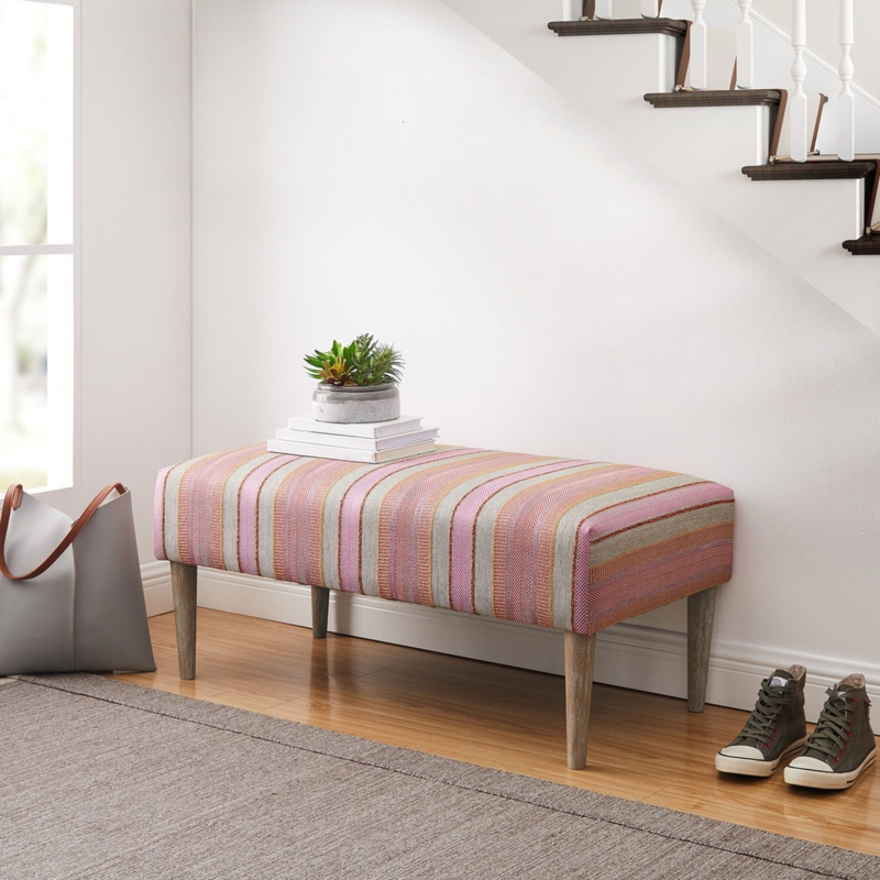 Bedroom Bench with Roll Bolsters, Navy and White Striped Seating
