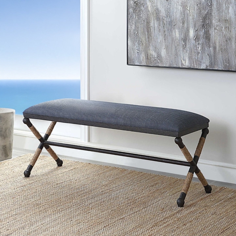Bedroom Bench with Rope Wrapped Stretcher & Navy Upholstery