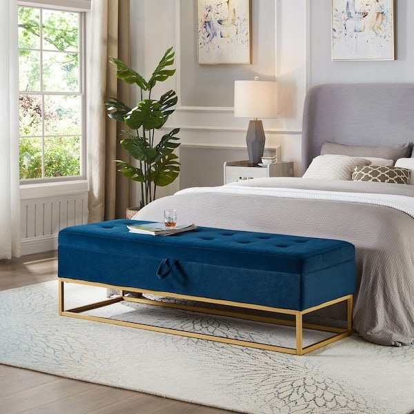Bedroom Bench with Vertical Channel Tufting & Gold Metal Base