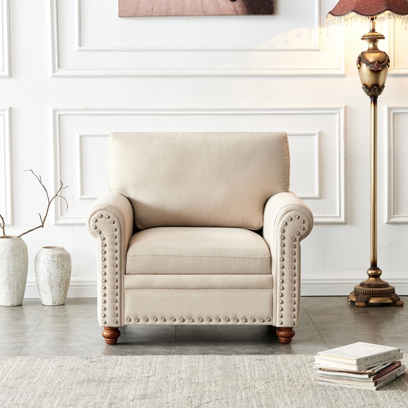 Beige Accent Chair with Rolled Arms, Nailhead Trim and Tapered Legs