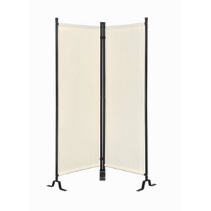 Beige Fabric Room Divider, Black Metal Frame, U-Shaped Feet