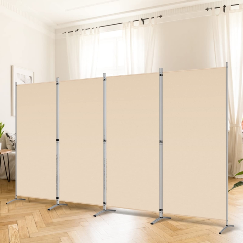Beige Fabric Room Divider Silver Metal Frame Modern Screen