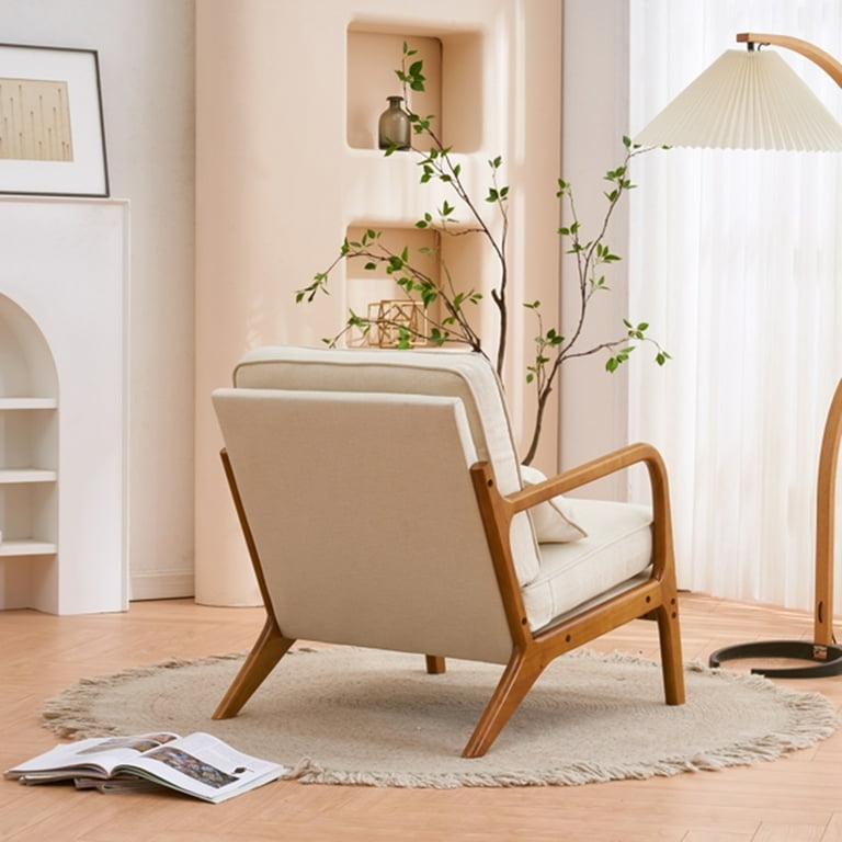 Beige Linen Accent Chair, Button Tufted & Angular Wood Frame