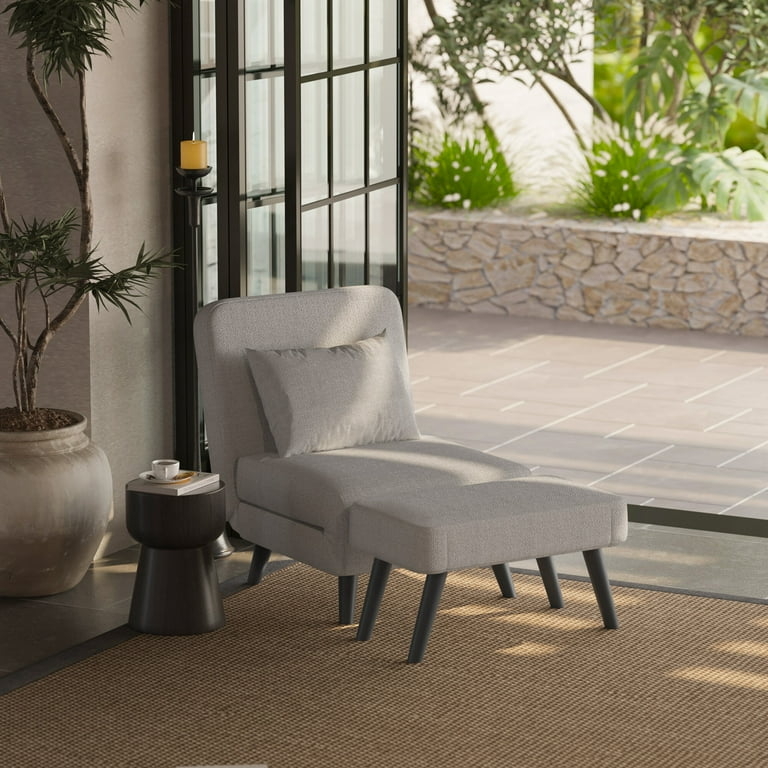 Beige Linen-Like Sleeper Chair with Integrated Foldable Footrest