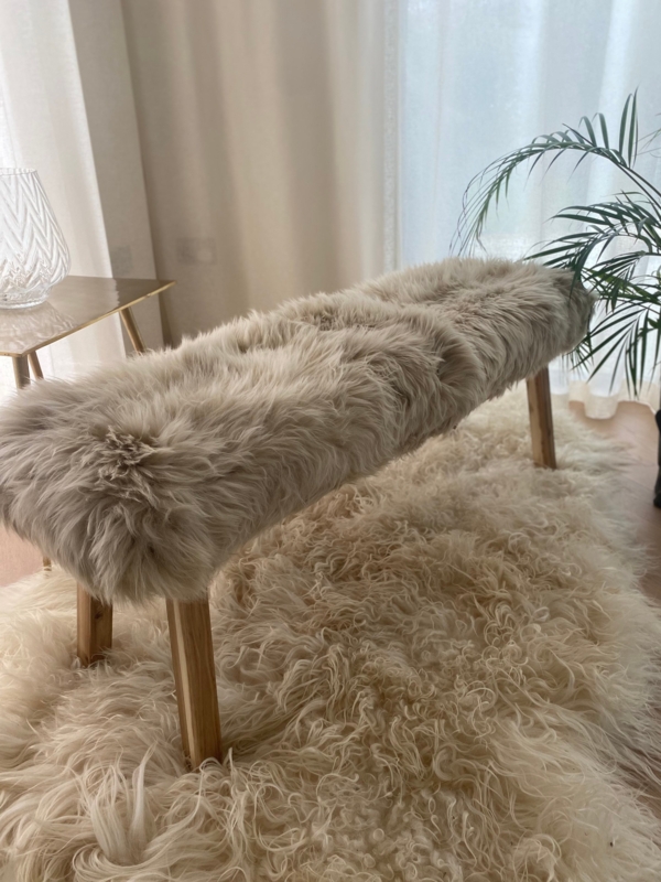 Beige Sheepskin Style Bench Wood Tapered Legs Cozy