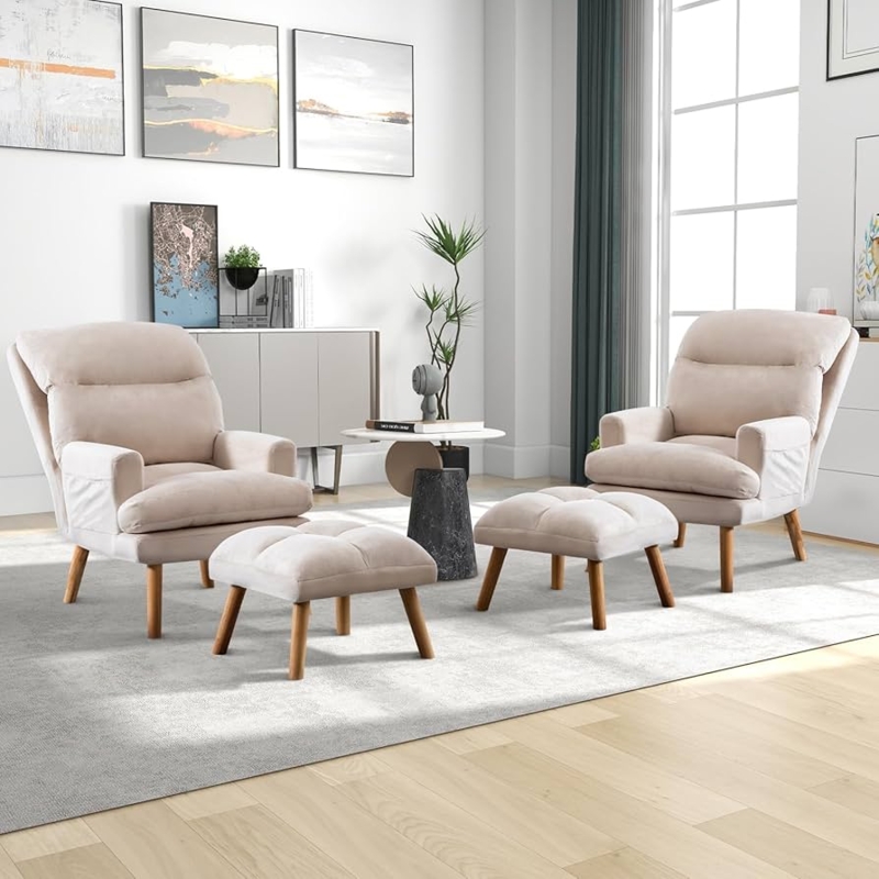Beige Wingback Armchair with Ottoman Set and Linen-Like Texture
