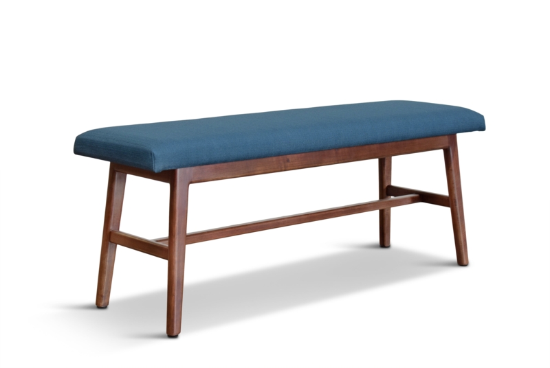 Bench Azure Blue Grid Tufting Tapered Wood Legs Mid Century Style