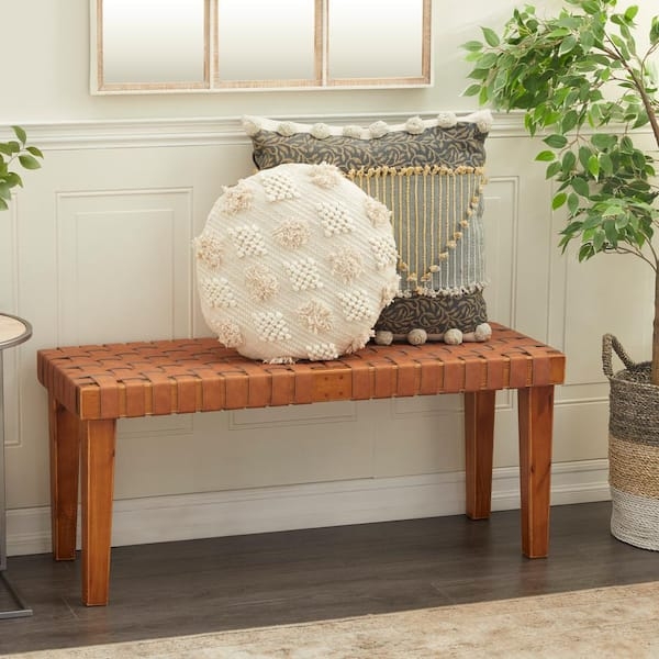 Bench Basketweave Seat Cognac Leather Look Espresso Frame