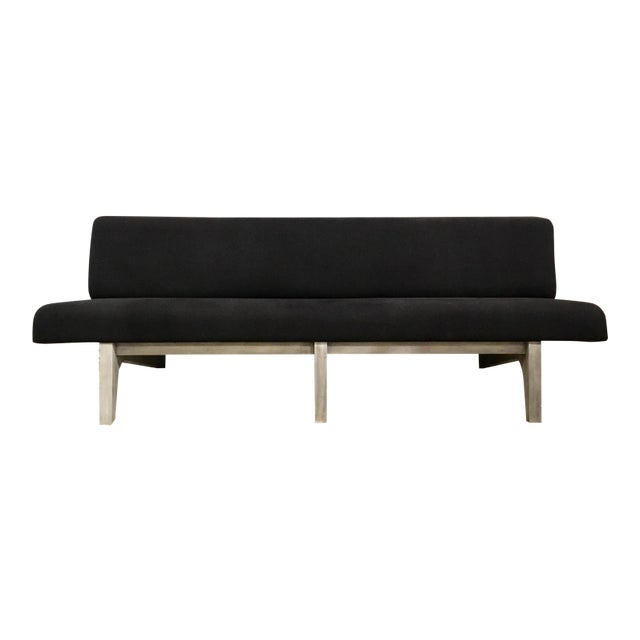 Bench Black Linen Low Integrated Back Three Leg Frame Organic Modern