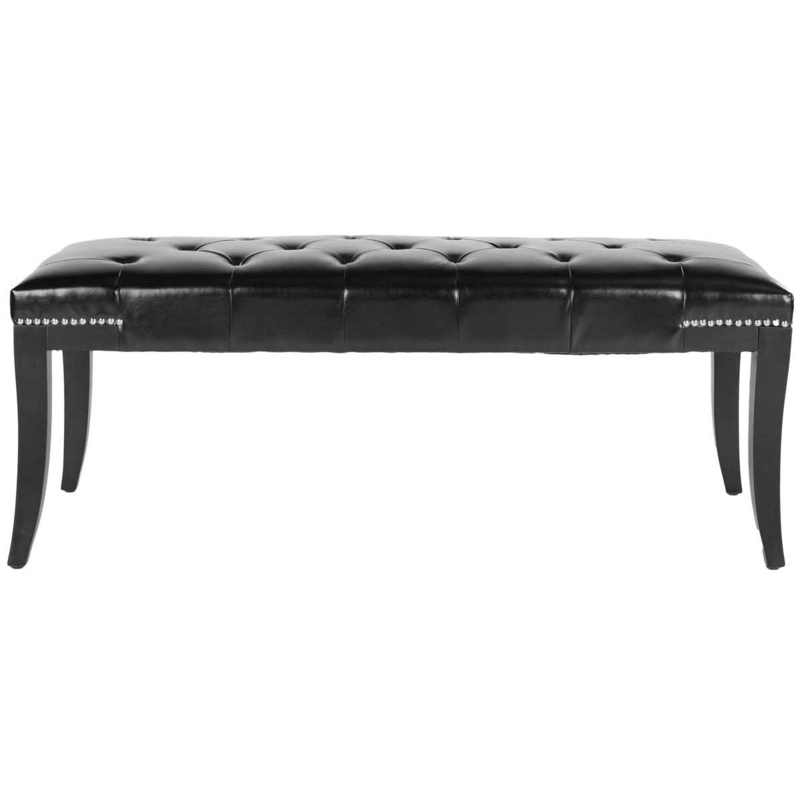 Bench Black Upholstery Tapered Legs Silver Nailhead Trim Transitional