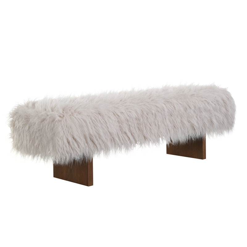 Bench Block Wood Legs Cream Shaggy Faux Wool Accent Seating