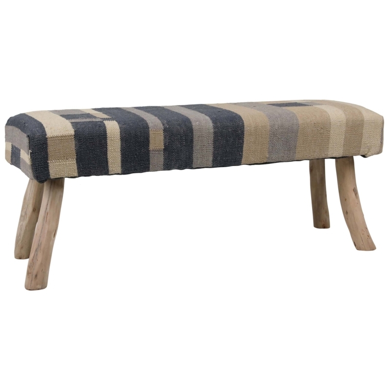 Bench Bohemian Geometric Kilim Upholstery Dark Turned Wood Legs