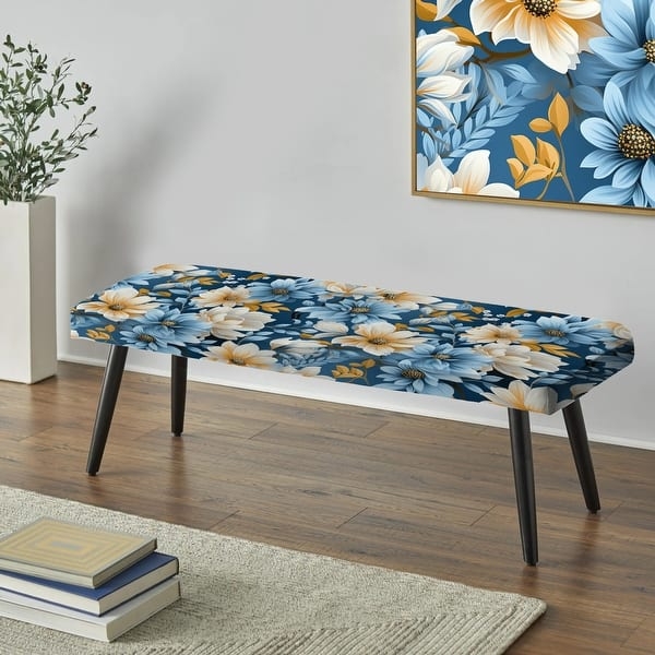 Bench Bold Floral Upholstery Tapered Black Legs Modern