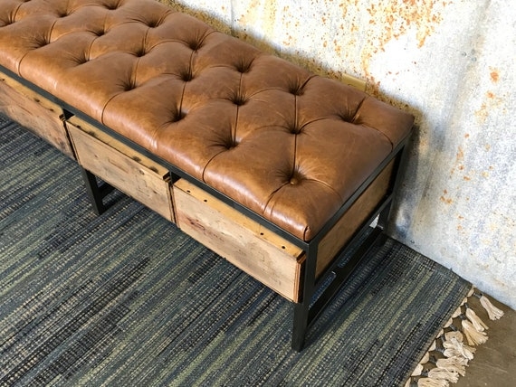Bench Brown Distressed Leather-Like Diamond Tufted Six Turned Legs