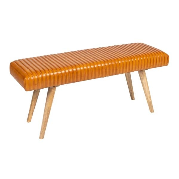 Bench Brown Leather Channel Stitching Tapered Legs Mid Century Modern