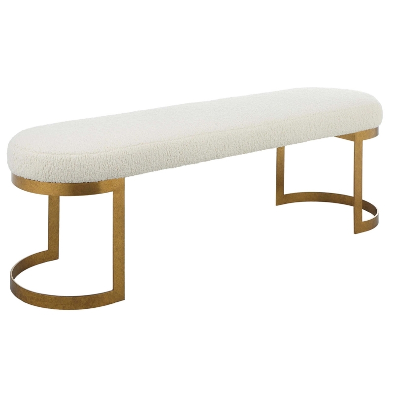 Bench, C Shaped Base, Gold Finish, White Boucle, Glam Style