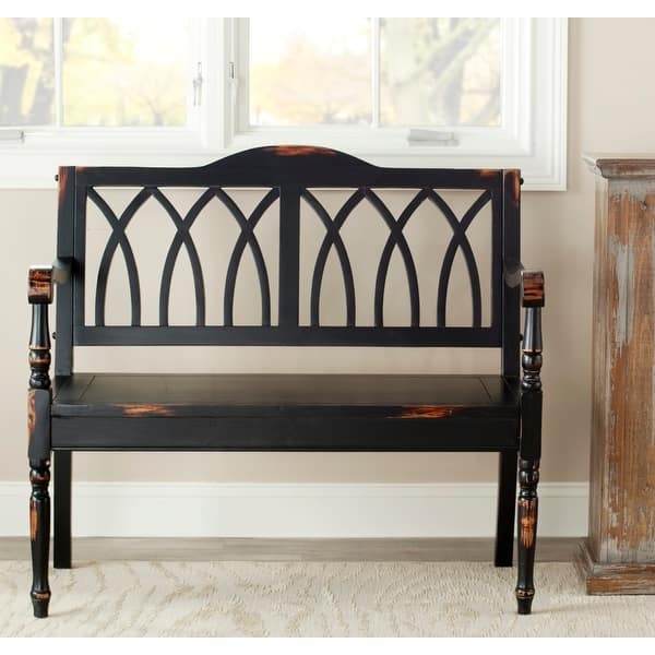 Bench Cathedral Arch Back Distressed Black Finish Turned Spindle