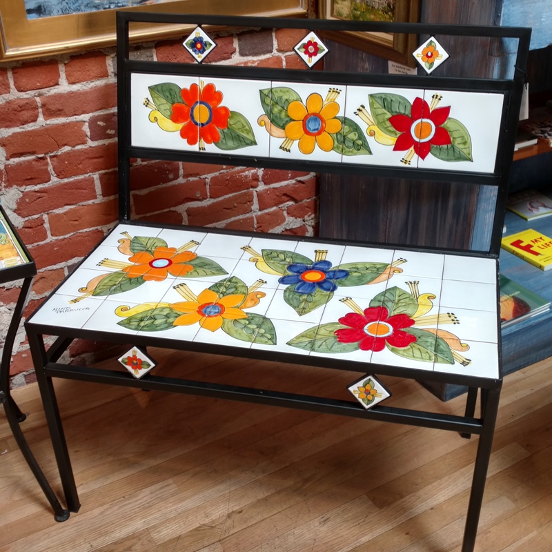 Bench Ceramic Tile Seating Hand-Painted Floral Design Metal