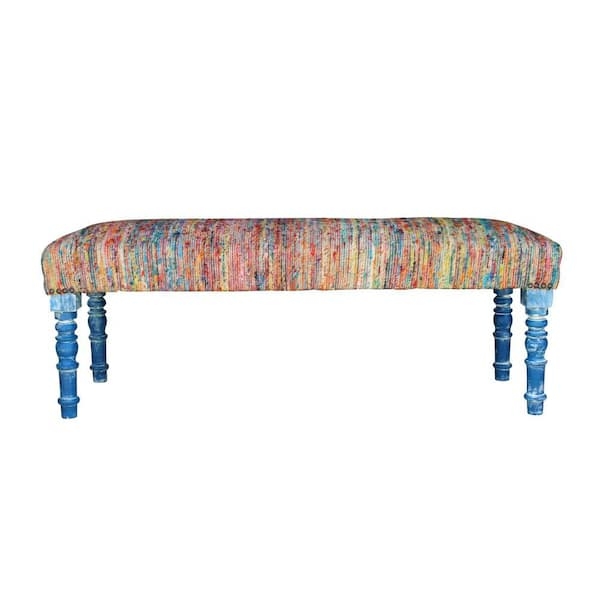 Bench Colorful Chindi Woven Fabric Blue Turned Legs Bohemian Style