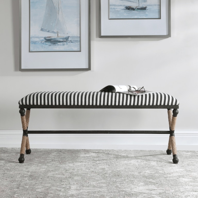 Bench Cross Braced Base, Black and White Striped Transitional Seat