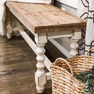 Bench Cross Stretcher Whitewashed Turned Legs, Distressed White Seating