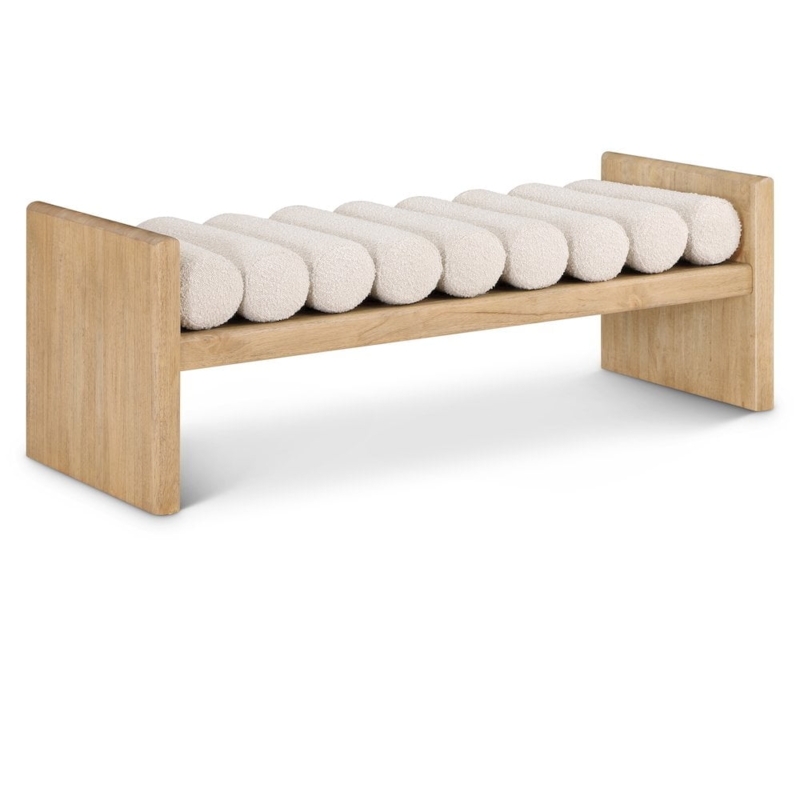 Bench, Cylindrical Cushions, Slab Legs, Cream Boucle, Minimalist Entryway