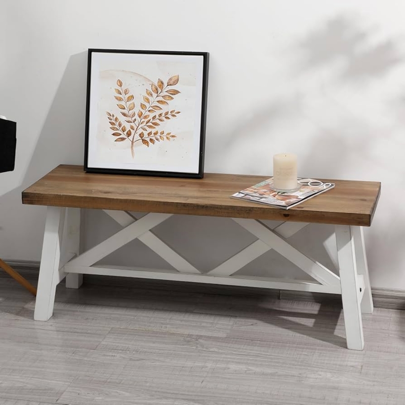 Bench Double X-Brace Two-Tone Finish, Farmhouse Entryway Bench X-Base