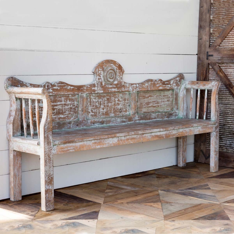 Bench French Country Carved Bench Distressed Wood Central Rosette