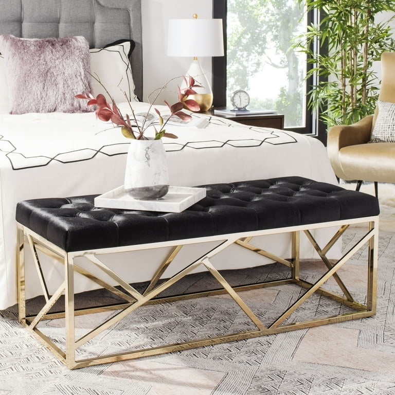 Bench Geometric Metal Base Black Tufted Top Open Frame Seating