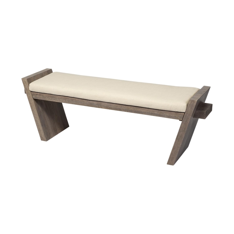 Bench Geometric Slanted Legs Grey Brown Wood Cream Linen Blend Transitional