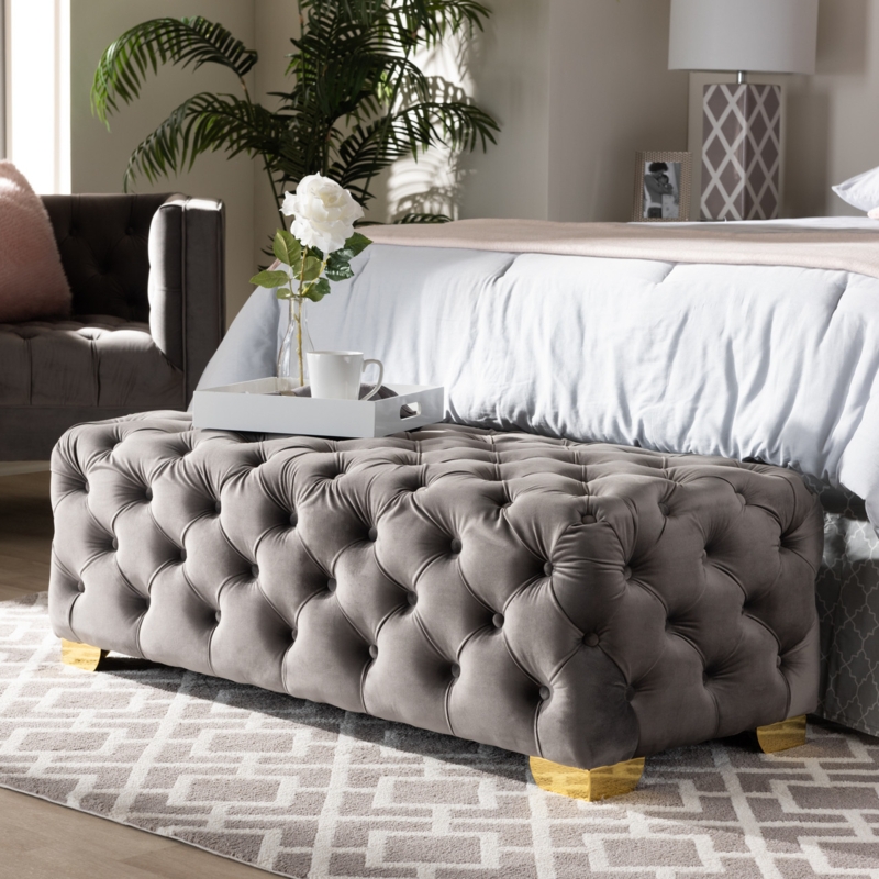 Bench Glam Grey Velvet Button Tufting Gold X-Frame Base