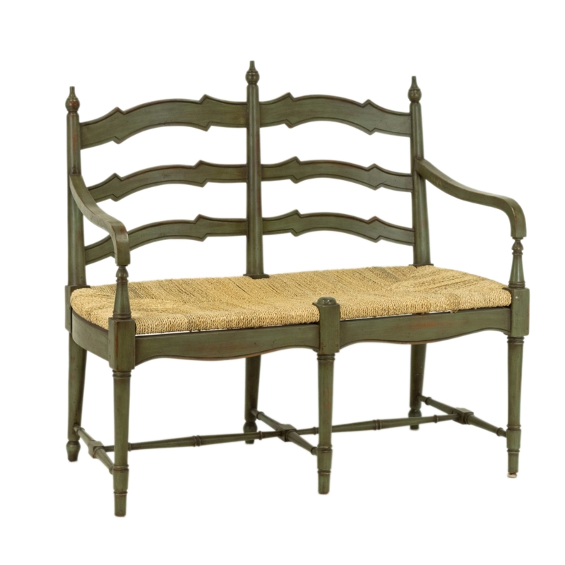 Bench Green Ladder Back Settee Woven Rush Seat Distressed Finish